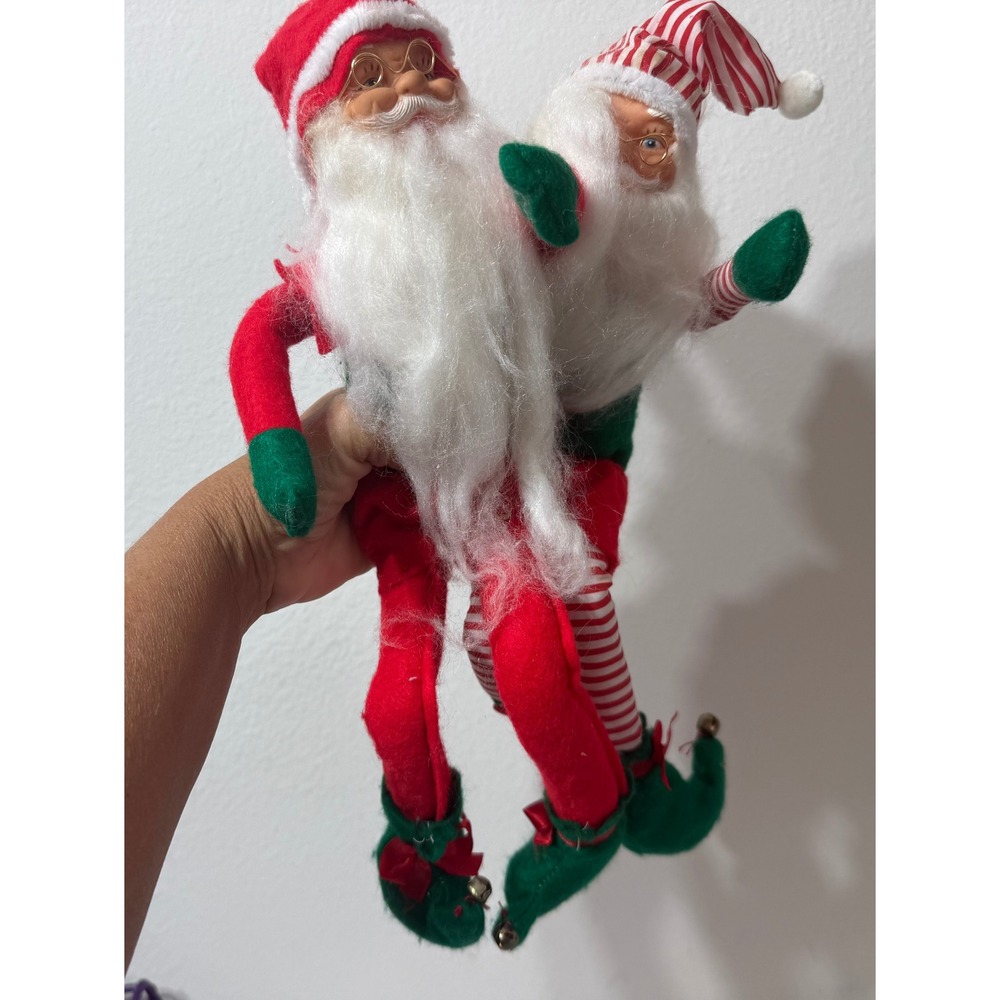 Vintage Rubber Face Santa and Elf Shelf Sitter Poseable Christmas Figures Set 2